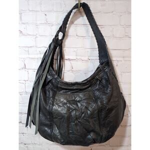 MUXO by Camila Alves Black Gray Distressed Leather Hobo Whipstitch Fringe Bag